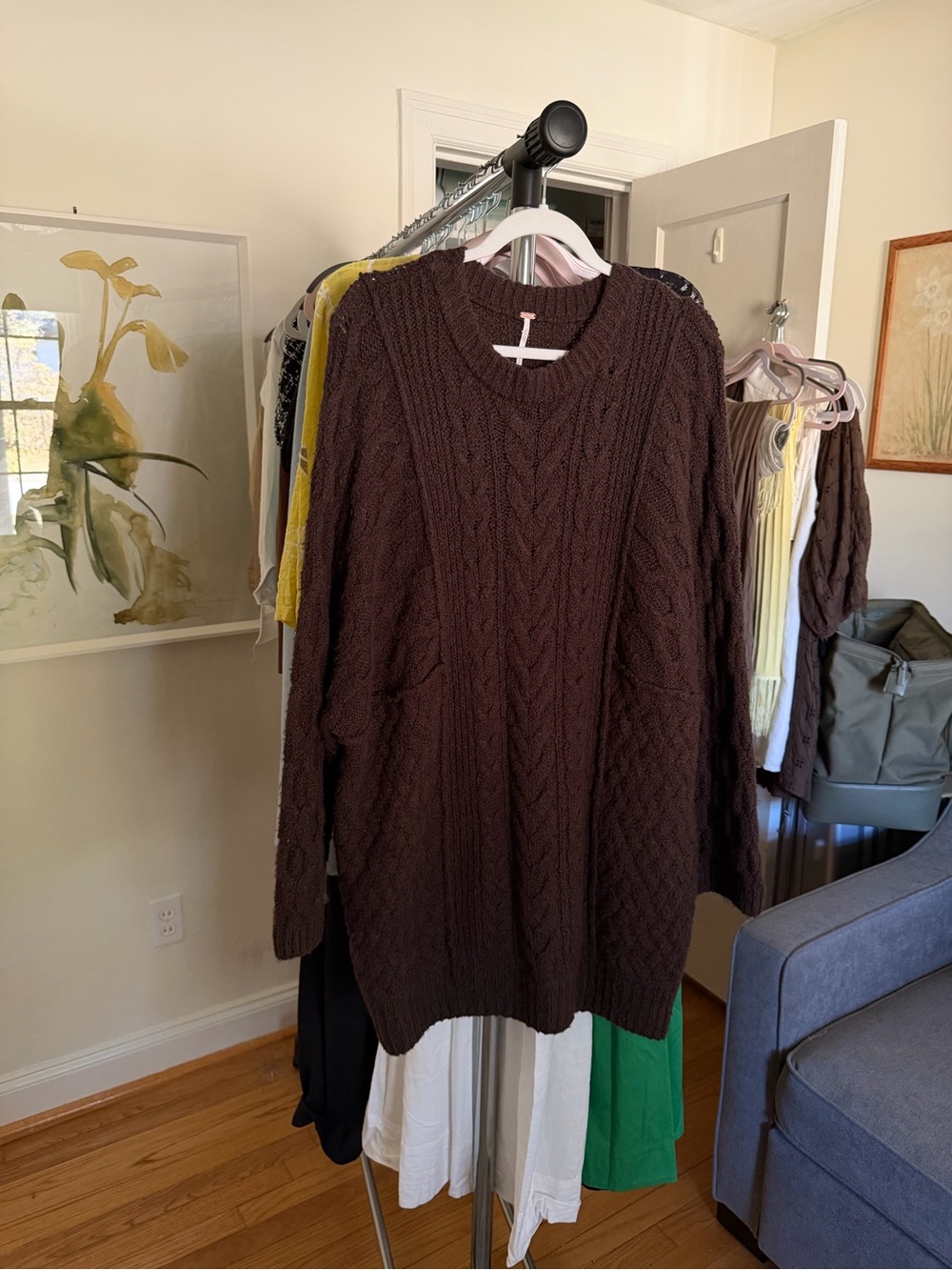 Free People Cable Knit Crewneck Sweater Dress - Dark Brown